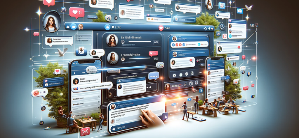 Communication active sur les réseaux sociaux : illustration réaliste montrant une interface de médias sociaux avec interactions clients, renforçant l'image de marque.