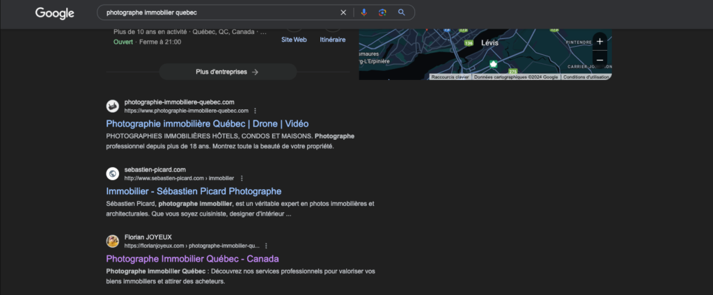 Consultant seo local - Résultats de recherche Google pour photographe immobilier à Québec montrant des entreprises locales sur Google My Business et des résultats SEO classiques