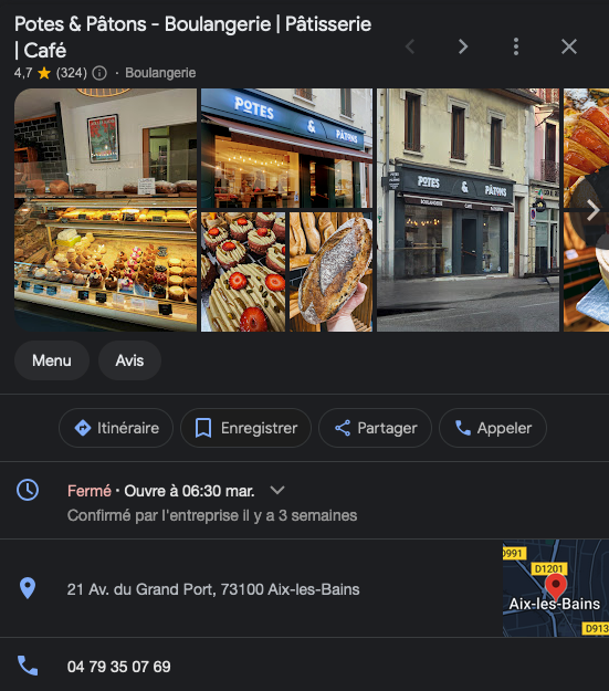 Consultant SEO local - Capture d'écran de la fiche Google My Business de la boulangerie Potes & Pâtons à Aix-les-Bains, montrant la devanture et des pâtisseries en vitrine.