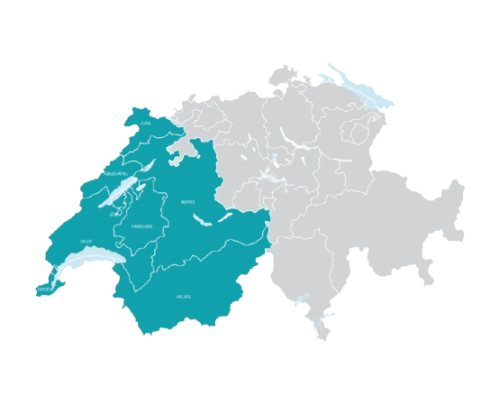 consultant seo local - Carte de la Suisse montrant les cantons francophones en turquoise, incluant Genève, Vaud, Neuchâtel, Fribourg, Jura, Valais et une partie de Berne.