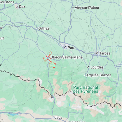 consultant seo oloron - Carte montrant la localisation d'Oloron-Sainte-Marie et ses environs, incluant Pau, Bayonne, et le Parc national des Pyrénées.