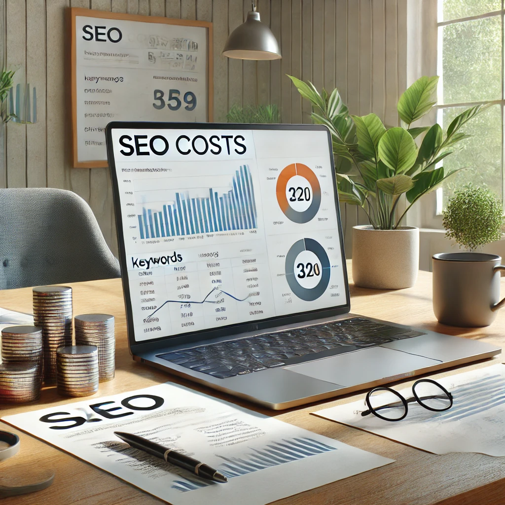 consultant seo Oloron - Ordinateur portable affichant des graphiques sur les coûts SEO, avec des documents, des pièces empilées et des plantes en arrière-plan.