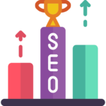 Illustration montrant le succès en SEO, avec un graphique à barres montantes et un trophée au sommet de la barre centrale marquée "SEO".