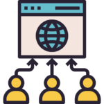 Représentation graphique d'un site internet connecté à plusieurs utilisateurs, symbolisé par une fenêtre de navigateur et des figures humaines interconnectées.